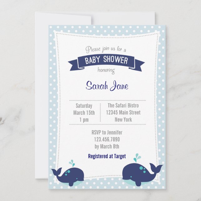 Invitación de Baby Shower al océano ballena Azul P (Anverso)