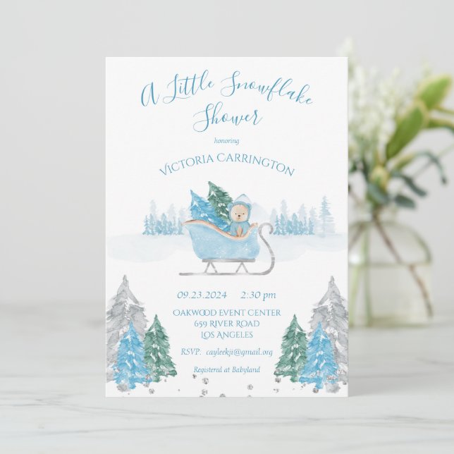 Invitación de Baby Shower al oso de copo de nieve  (Anverso de pie)