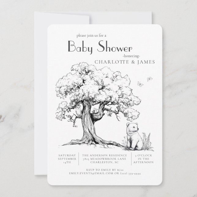 Invitación de Baby Shower al oso de la selva blanc (Anverso)