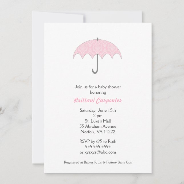 Invitación de Baby Shower al paraguas de Damasco R (Anverso)
