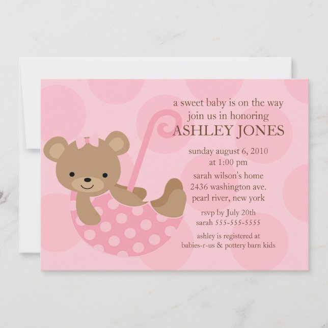 Invitación de Baby Shower al paraguas del oso (Anverso)