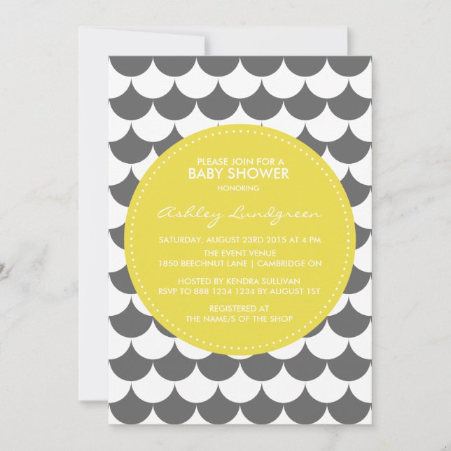Invitación de Baby Shower al patrón gris y amarill (Anverso)