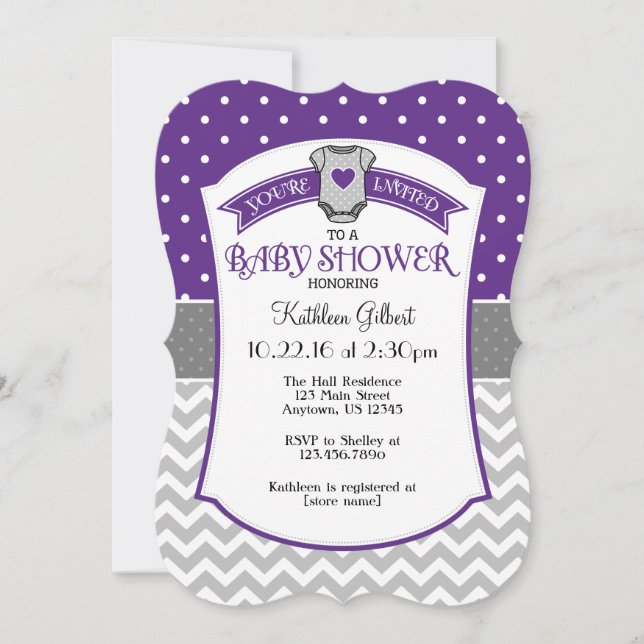 Invitación de Baby Shower al Punto Gris Morado Pol (Anverso)