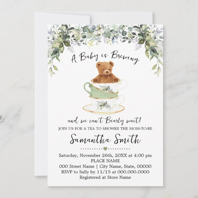 Invitación de Baby Shower al té de verde de oso (Anverso)