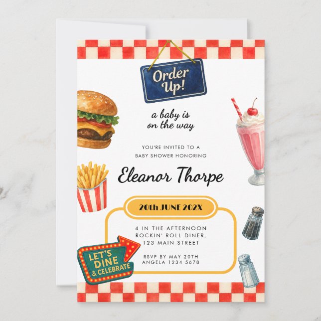 Invitación de Baby Shower al tema de Diner (Anverso)