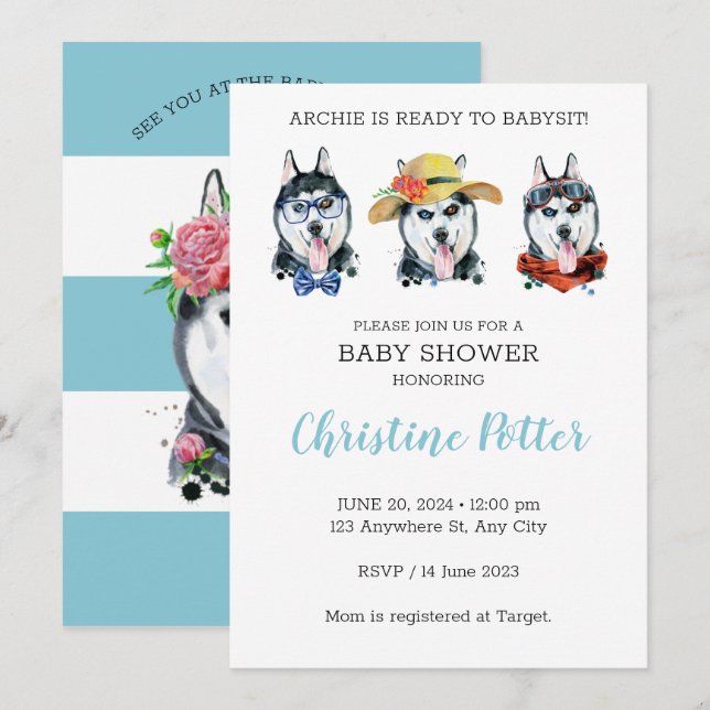 Invitación de Baby Shower al tema de Haski Cute Pu (Anverso / Reverso)
