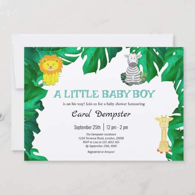 Invitación de Baby Shower al tema de la selva trop (Anverso)