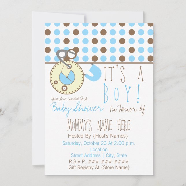 Invitación de Baby Shower: alfiler azul y punto po (Anverso)
