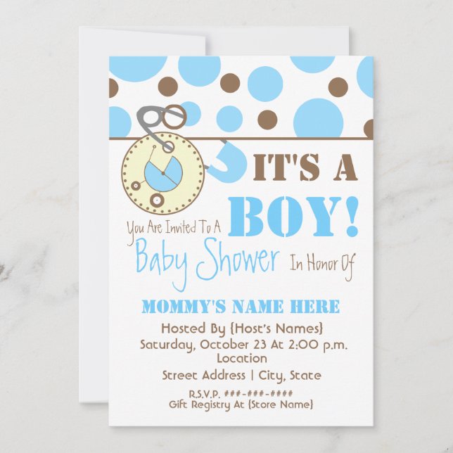 Invitación de Baby Shower: alfileres azul y puntos (Anverso)