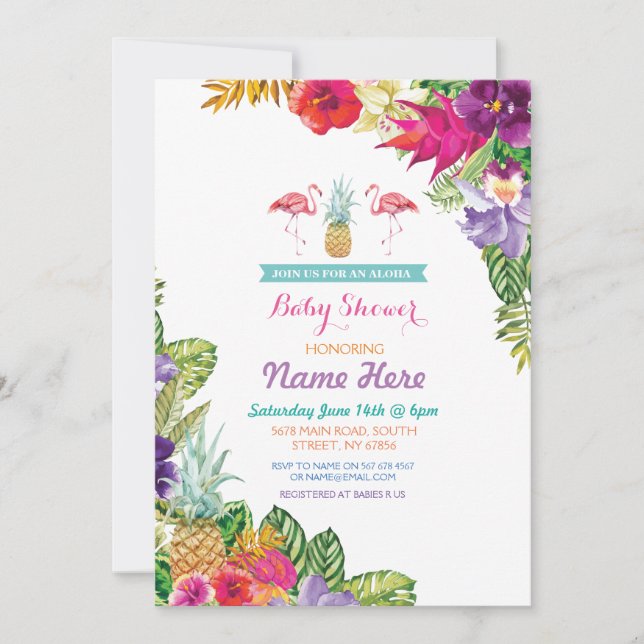 Invitación de Baby Shower Aloha Luau Flamingo (Anverso)