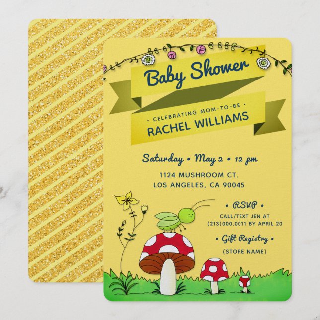 Invitación de Baby Shower amarilla al tema del Pur (Anverso / Reverso)