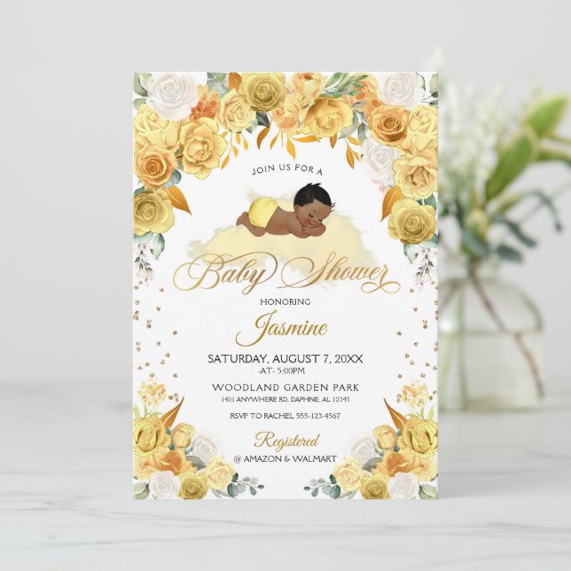 Invitación de Baby Shower amarillenta con flores a (Anverso de pie)