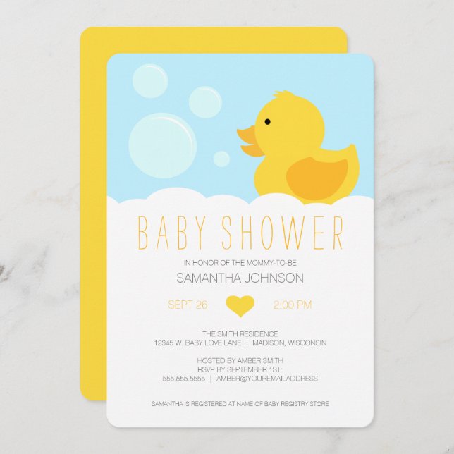 Invitación de Baby Shower amarillenta y dudosa (Anverso / Reverso)