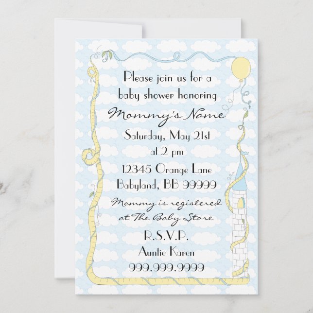 Invitación de Baby Shower. Amarillo/Azul/Castillo (Anverso)