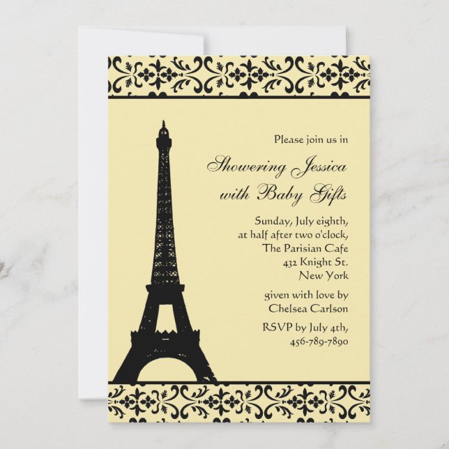 Invitación de Baby Shower amarillo parisino (Anverso)