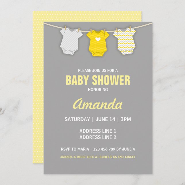 Invitación de Baby Shower amarillo, tema de la lín (Anverso / Reverso)
