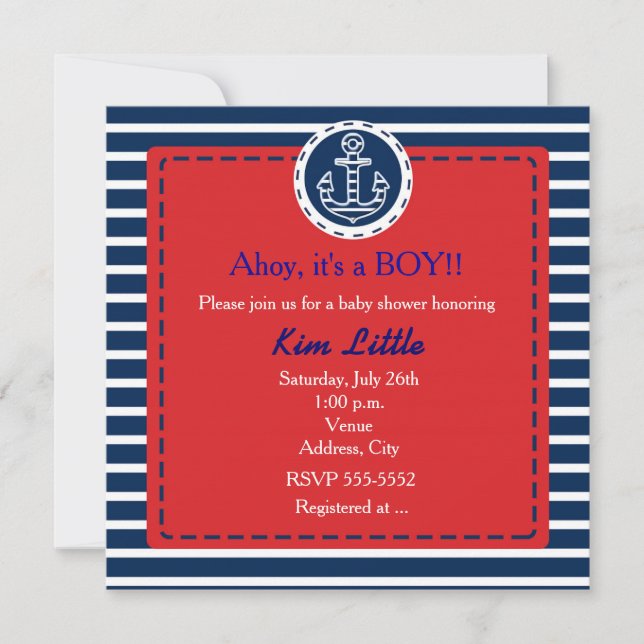 Invitación de Baby Shower Ancla Marina Roja (Anverso)