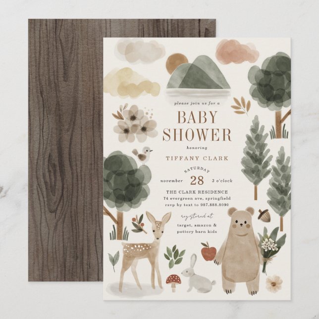 Invitación de Baby Shower Animales del Bosque (Anverso / Reverso)