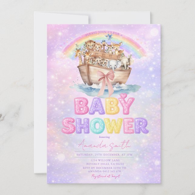 Invitación de Baby Shower Arca de Noé Arcoíris Pas (Anverso)