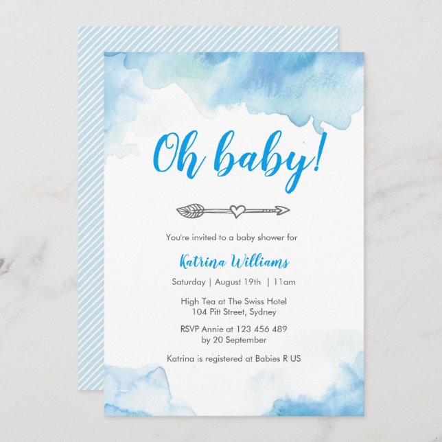 invitación de Baby Shower arco boho acuarela azul (Anverso / Reverso)