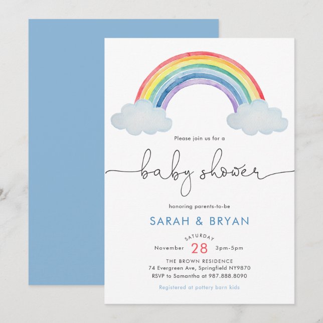 Invitación de Baby Shower Arcoíris (Anverso / Reverso)