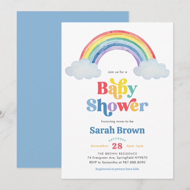 Invitación de Baby Shower Arcoíris (Anverso / Reverso)
