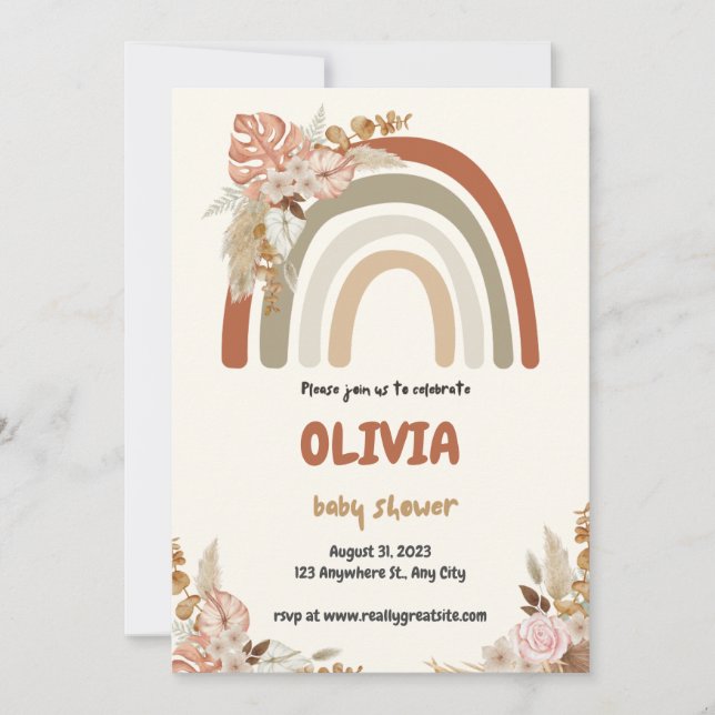 Invitación de Baby Shower Arcoíris Boho Marrón (Anverso)