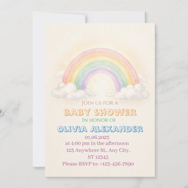 Invitación de Baby Shower Arcoíris Pastel | Capric (Anverso)