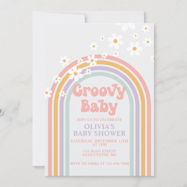 Invitación de Baby Shower Arcoíris Pastel Groovy B (Anverso)
