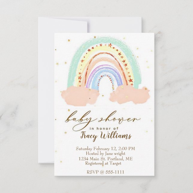 Invitación de baby shower arcoíris y estrellas (Anverso)