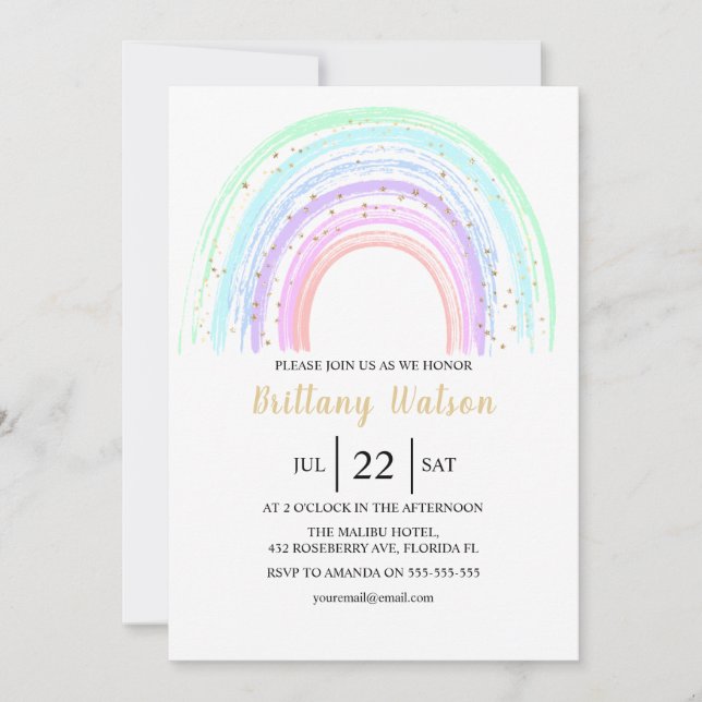 Invitación de Baby Shower Arcoíris y Estrellas Dor (Anverso)