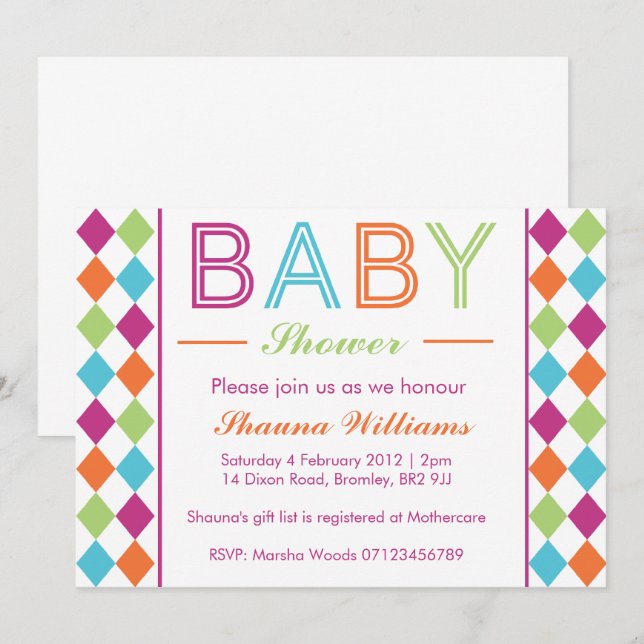 Invitación de Baby Shower Argyle multicolor (Anverso / Reverso)