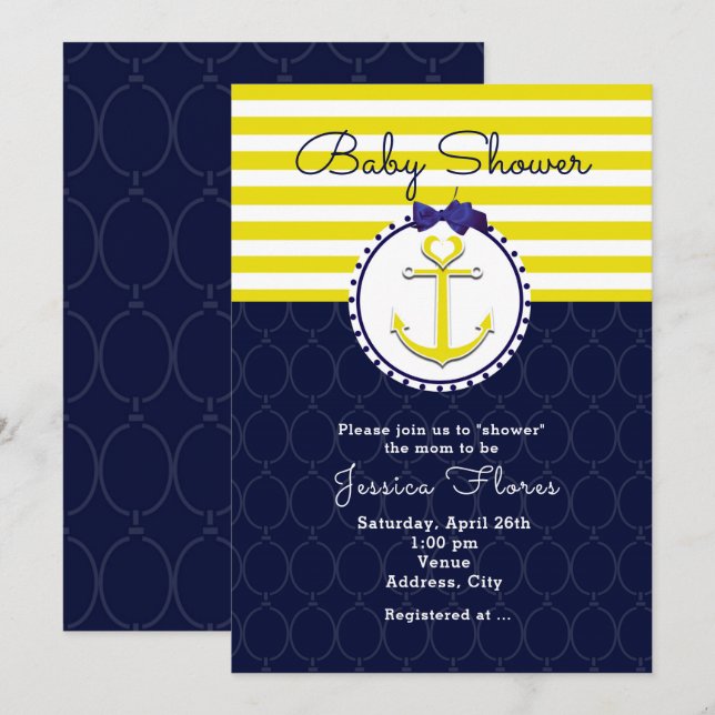 Invitación de Baby Shower Azul Amarillo Ancla Náut (Anverso / Reverso)