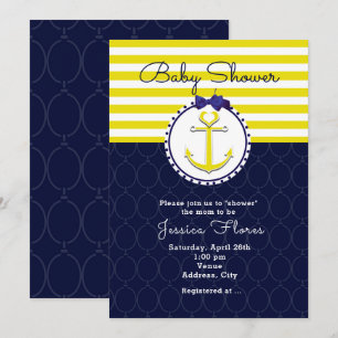 Invitación de Baby Shower Azul Amarillo Ancla Náut