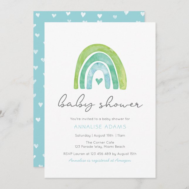 Invitación de Baby Shower azul: arcoiris y corazon (Anverso / Reverso)