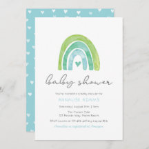 Invitación de Baby Shower azul: arcoiris y corazon