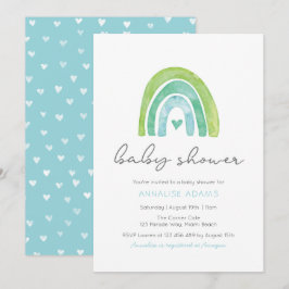 Invitación de Baby Shower azul: arcoiris y corazon