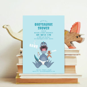 Invitación de Baby Shower azul Babysaurus T-rex