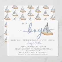 Invitación de Baby Shower Azul con Barcos de Vela