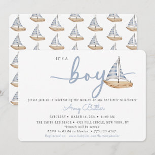 Invitación de Baby Shower Azul con Barcos de Vela