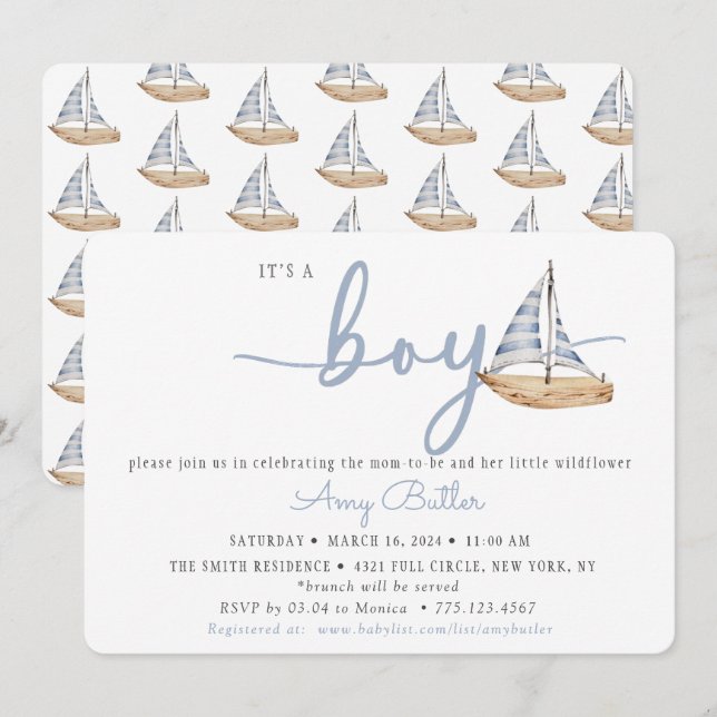 Invitación de Baby Shower Azul con Barcos de Vela (Anverso / Reverso)