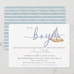 Invitación de baby shower azul con velero y raya