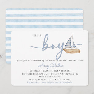 Invitación de baby shower azul con velero y raya