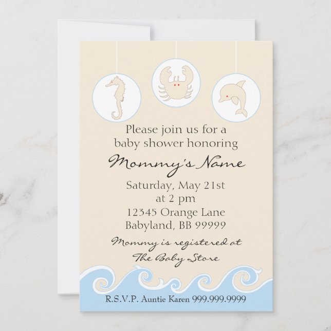 Invitación de Baby Shower. Azul crema móvil de mar (Anverso)