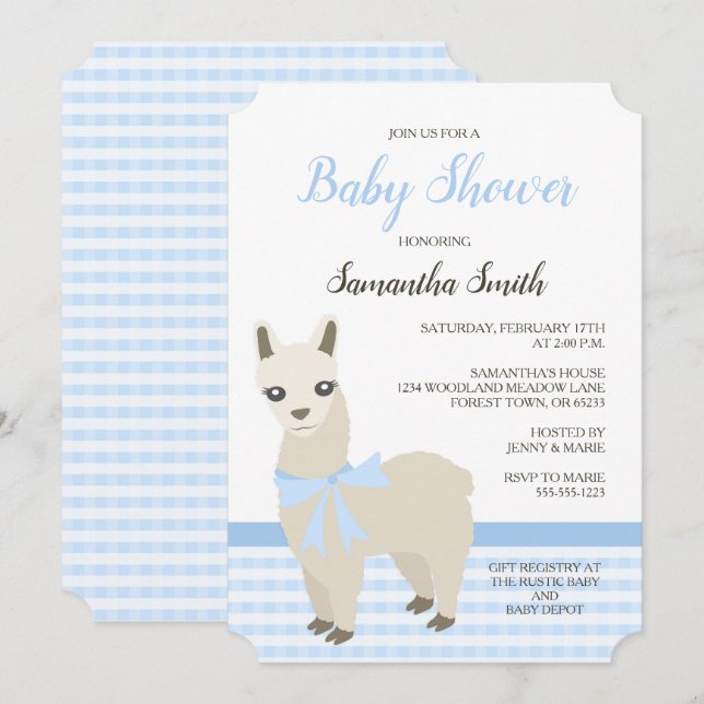 Invitación de Baby Shower azul de Alpaca (Anverso / Reverso)