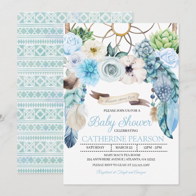 Invitación de Baby Shower azul de Boho Dreamcatche (Anverso / Reverso)