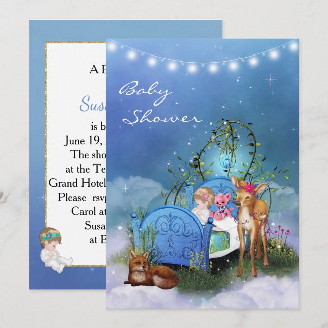 Invitación de Baby Shower azul encantada (Anverso / Reverso)