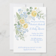 Invitación de baby shower azul floral amarilla