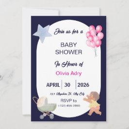 Invitación de Baby Shower Azul Marino | Acuarela