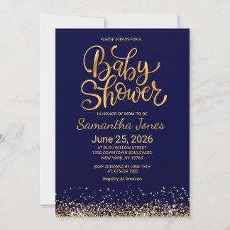 Invitación de Baby Shower Azul Marino y Dorado